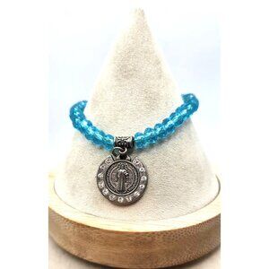 Silver Tone St. Benedict Medal On Blue Crystal Bracelet